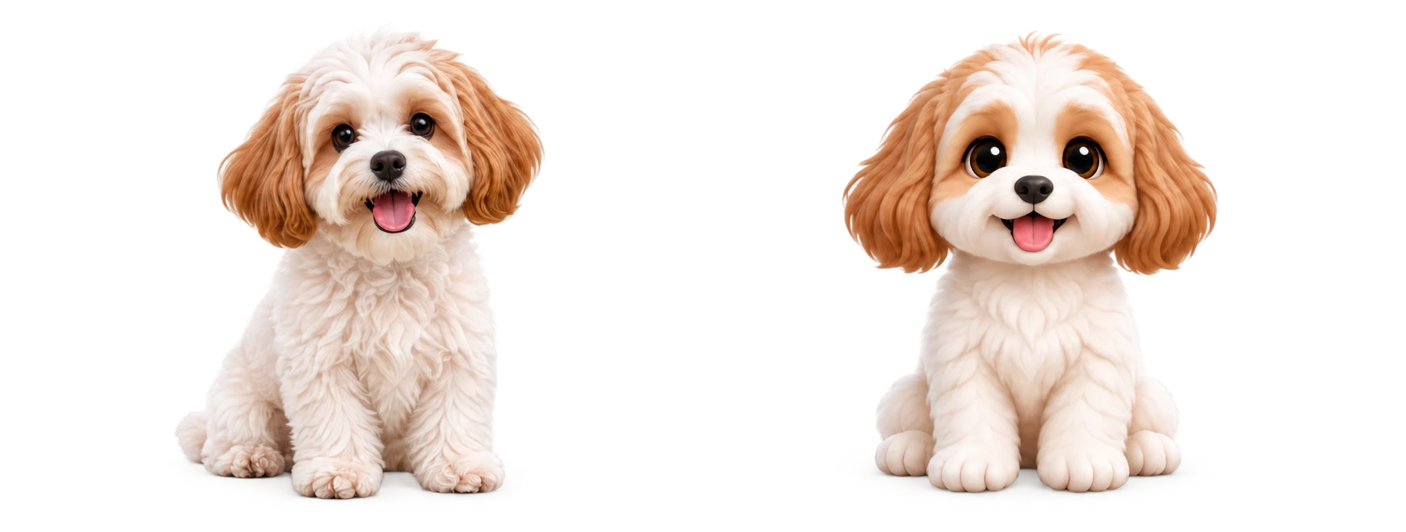 Photo-style white dog with caramel ears beside an illustrative matching Fren; not a real customer order